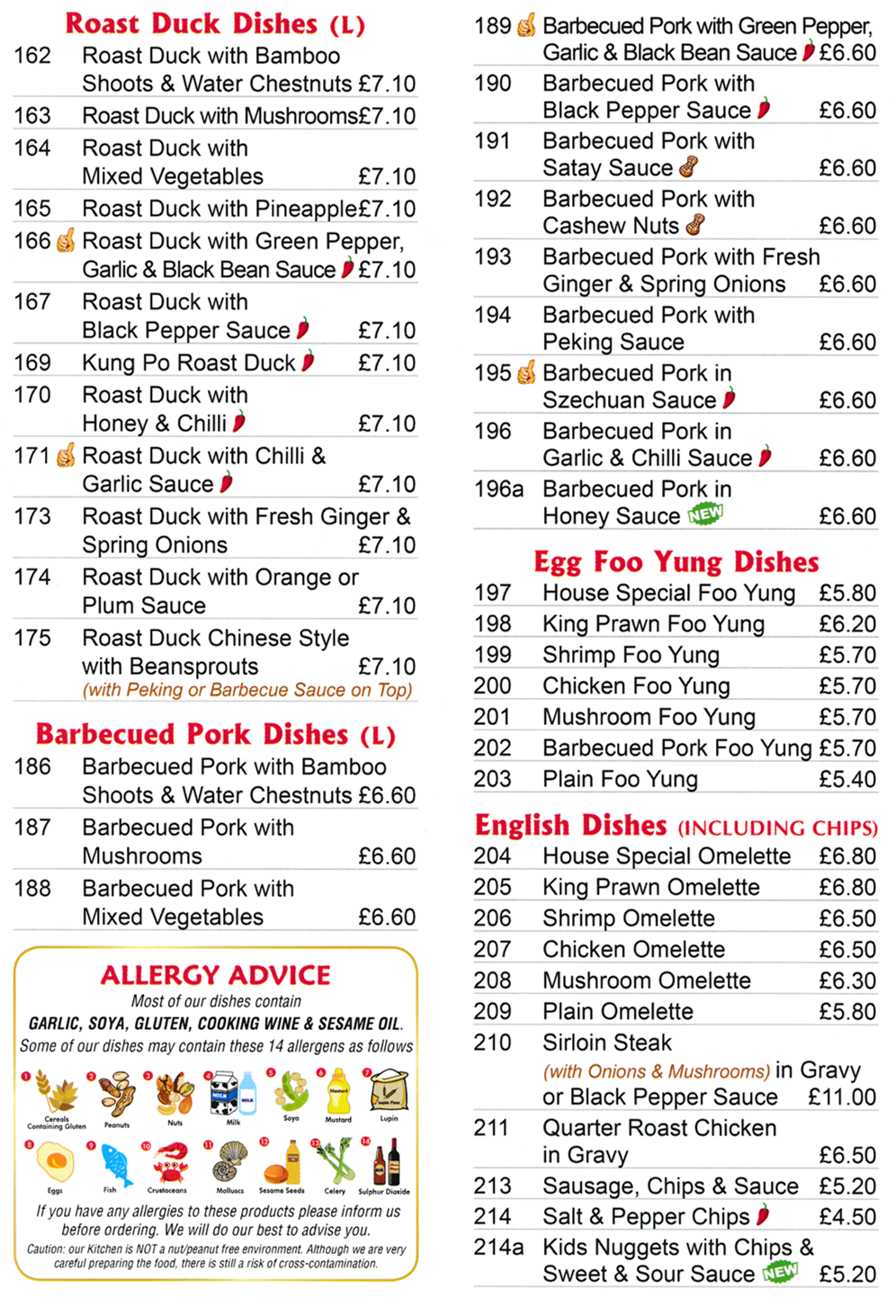 Menu for Classic Canton Chinese takeaway (Mushroom Foo Yung, Barbequed Pork with Peking Sauce, Roast Duck with Honey and Chilli..)