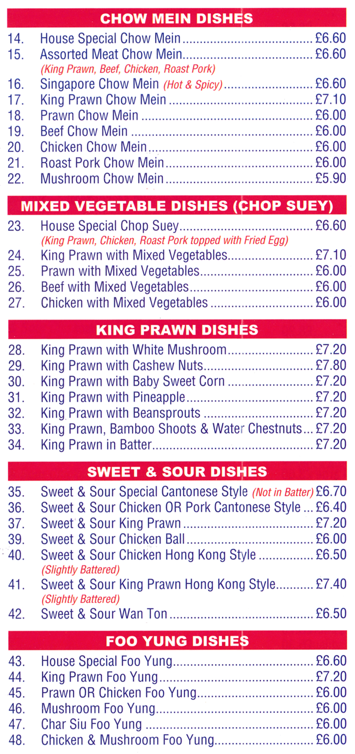 Menu for Classic Canton - Sweet & Sour Chicken Balls, King Prawn Foo Yung, Roast Pork Chow Mein, House Special Chop Suey..