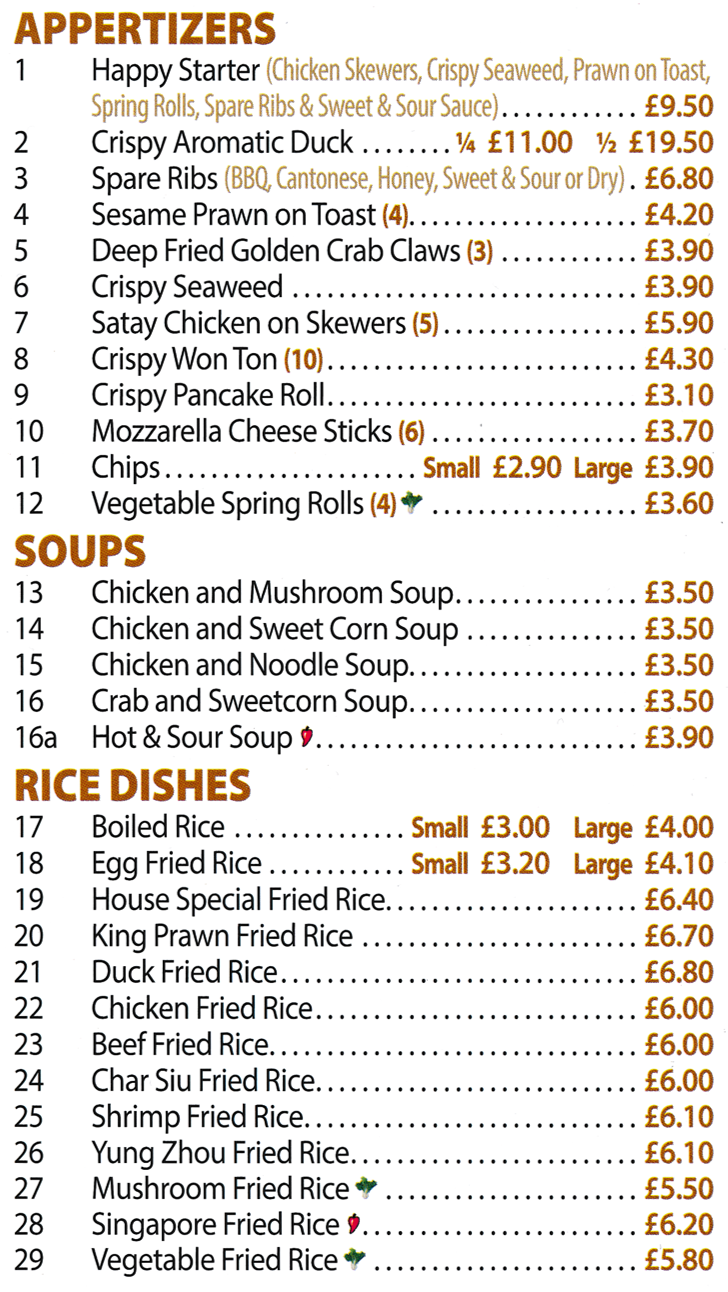 Menu for Crystal House Chinese takeaway - dishes including; Crispy Won Ton, Satay Chicken on Skewers, Crispy Aromatic Duck, Egg Fried Rice, Hot & Sour Soup..
