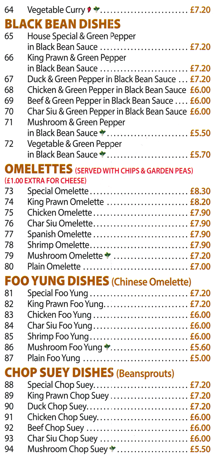 Menu for Crystal House Chinese takeaway - dishes including; Special Omelette, Mushroom Foo Yung, Duck Chop Suey, King Prawn & Green Pepper in Black Bean Sauce..