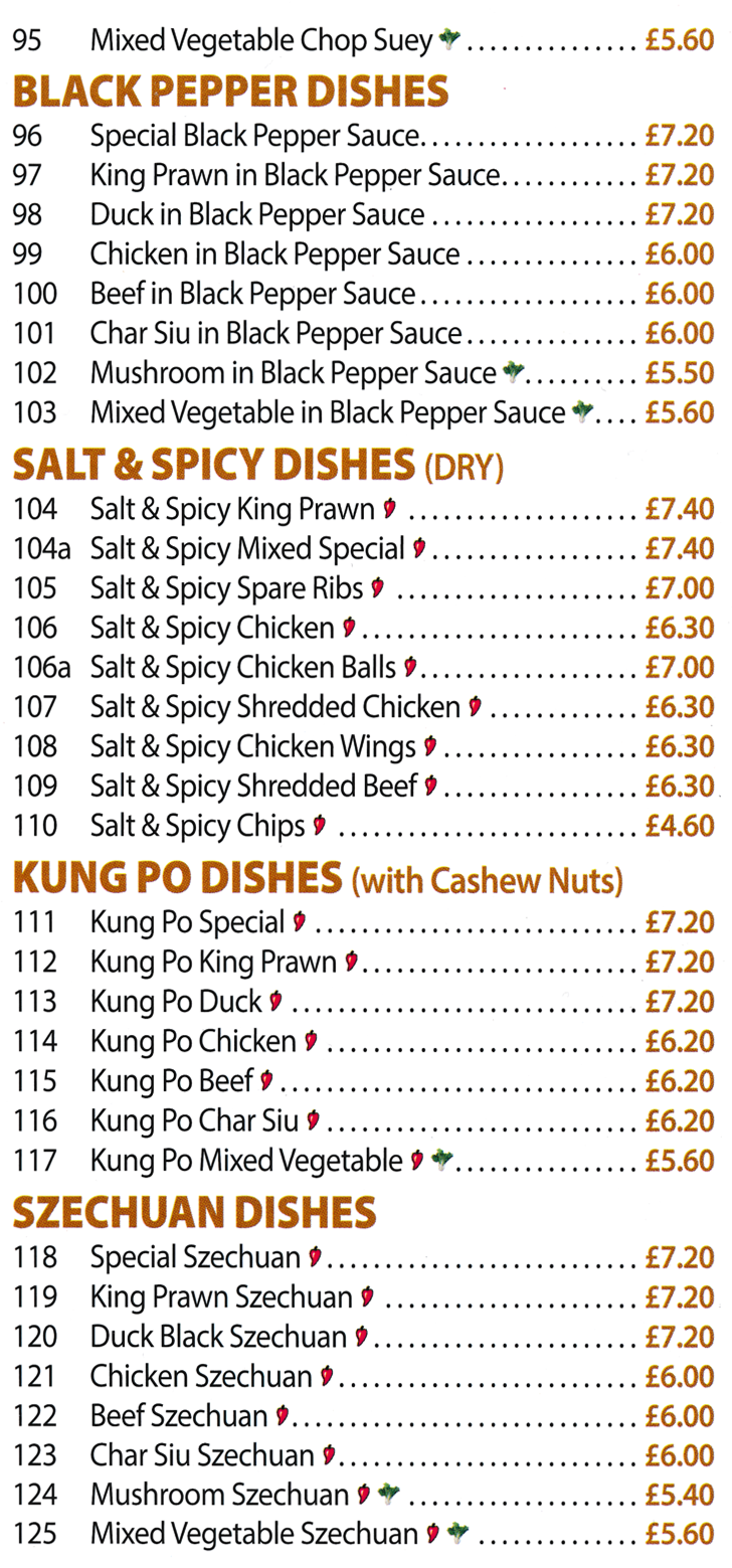 Menu for Crystal House Chinese takeaway - dishes including; Salt & Spicy Chicken Balls, Kung Po Chicken, Char Siu Szechuan, Beef in Black Pepper Sauce, Kung Po Duck..