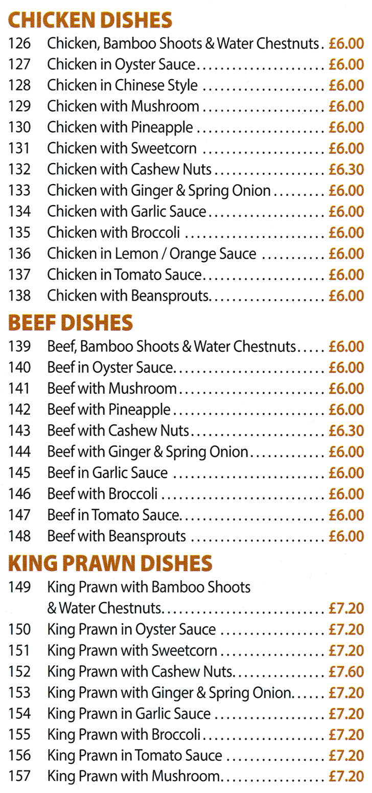 Menu for Crystal House Chinese takeaway - dishes including; Chicken in Lemon Sauce, King PRawn with Bamboo Shoots and Water Chestnuts, Chicken in Chinese Style, Beef with Cashew Nuts..