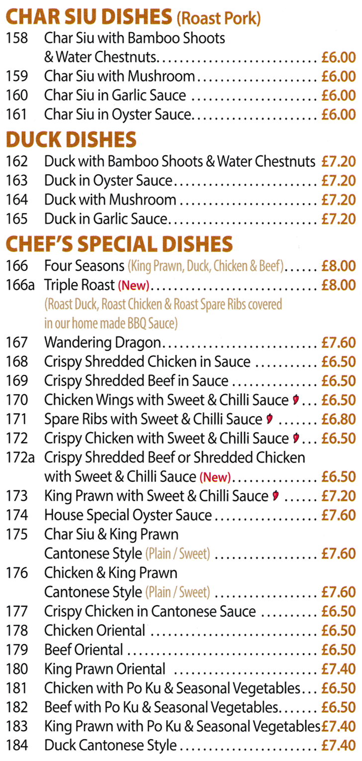 Menu for Crystal House Chinese takeaway - dishes including; Duck in Oyster Sauce, Wandering Dragon, Four Seasions, Beef Oriental, Chicken and King Prawn Cantonese Style, Char Siu in Garlic Sauce..
