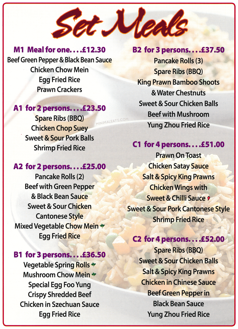 Menu for Crystal House Chinese takeaway in Long Eaton - Set Meals