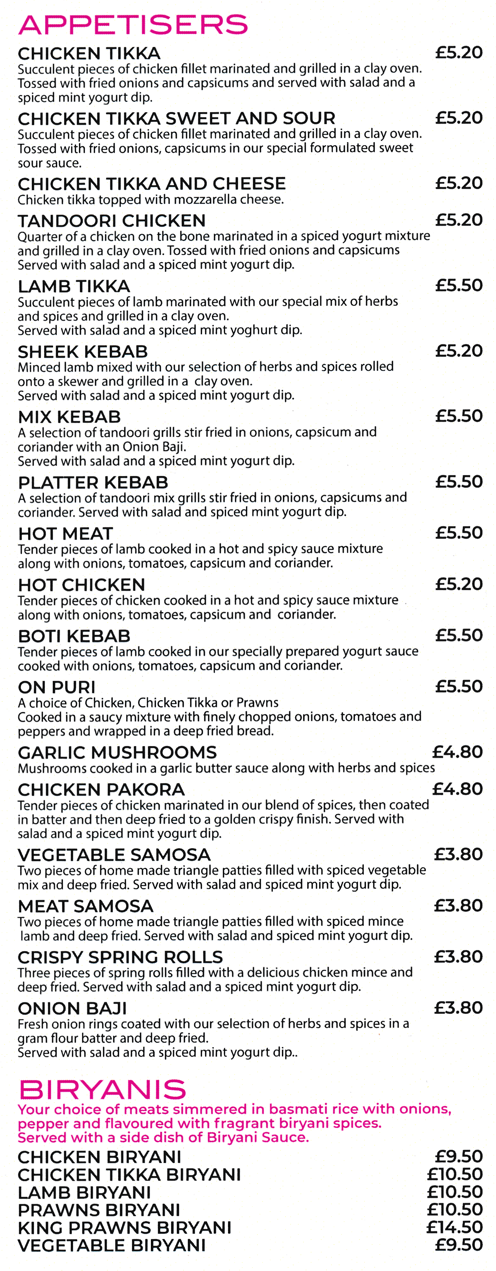 Menu for Curry Nights - Hot Chicken, Chicken Biryani, Sheek Kebab, Chicken Tikka and Cheese, Meat Samosa..