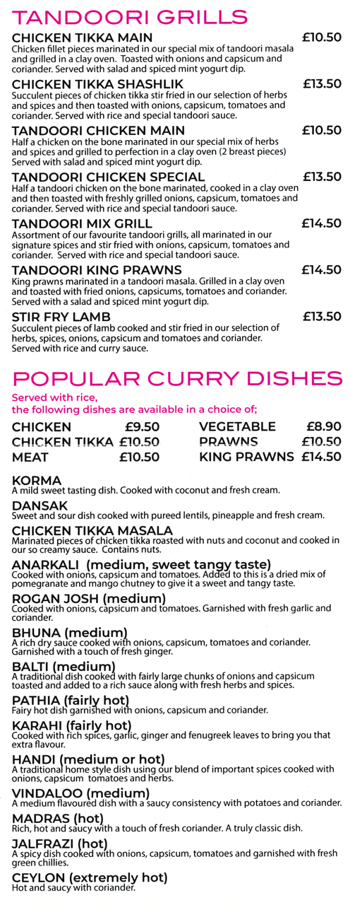 Menu for Curry Nights - Korma, Madras, Tandoori Chicken, Balti, Chicken Tikka Masala, Jalfrezi, Ceylon, Bhuna..