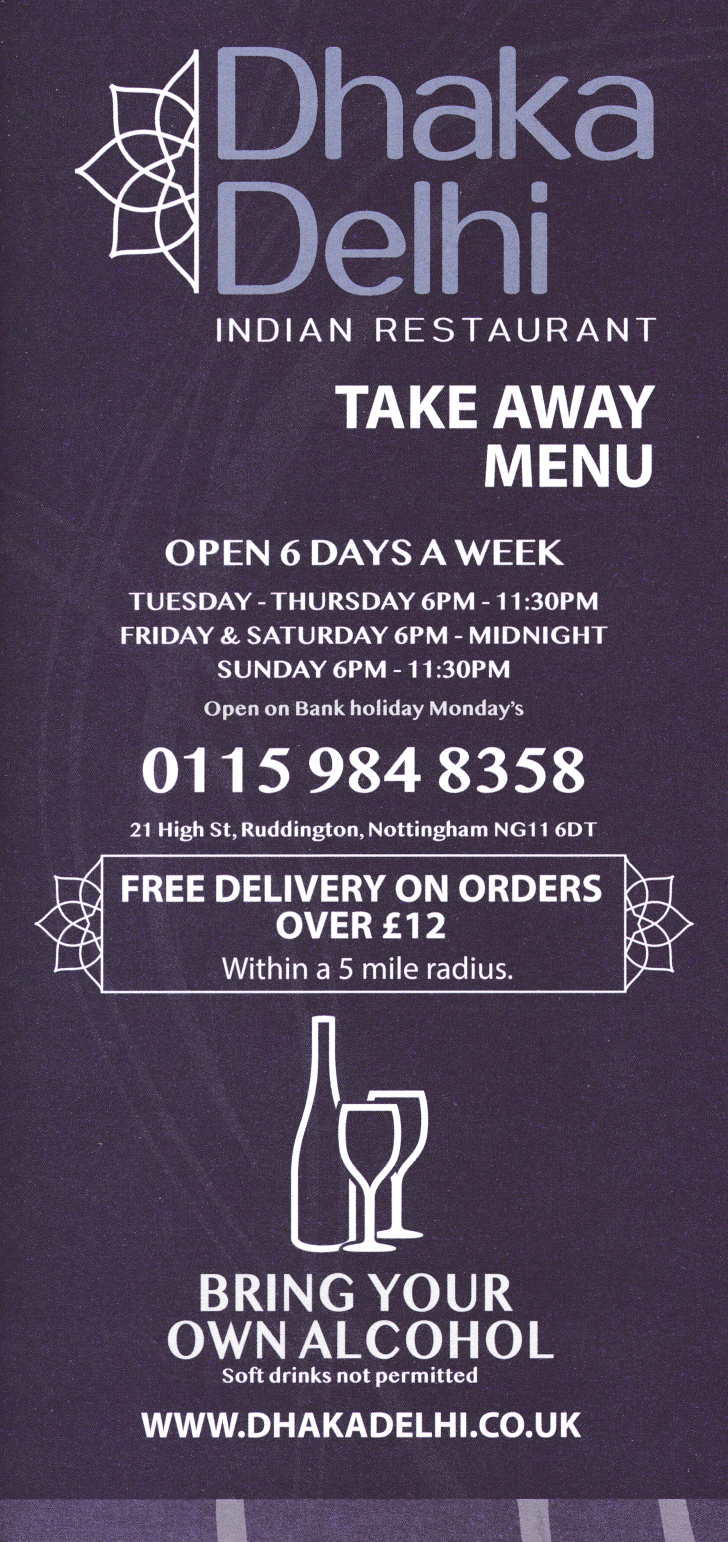Takeaway menu for Dhaka Delhi - Indian restaurant in Ruddington near Nottingham