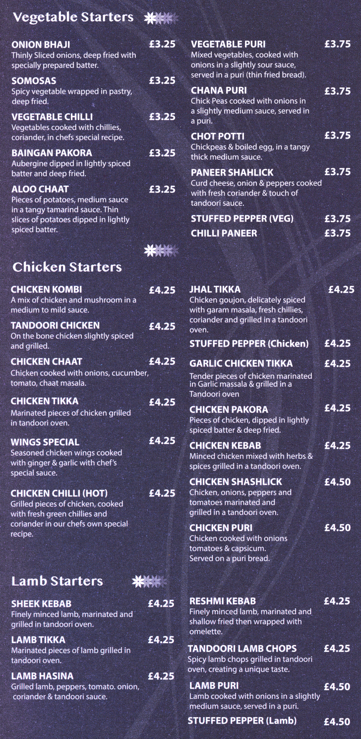 Takeaway menu for Dhaka Delhi - Onion Bhaji, Aloo Chaat, Tandoori Chicken, Jhal Tikka, Chot Potti, Vegetable Puri, Reshmi Kebab, Sheek Kebab, Tandoori Lamb Chops, Garlic Chicken Tikka..