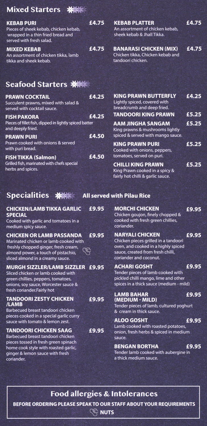 Takeaway menu for Dhaka Delhi - Prawn Puri, Mixed Kebab, Achari Gosht, Lamb Bahar, Tandoori Zesty Chicken, Fish Pakora, Chilli King Prawn..