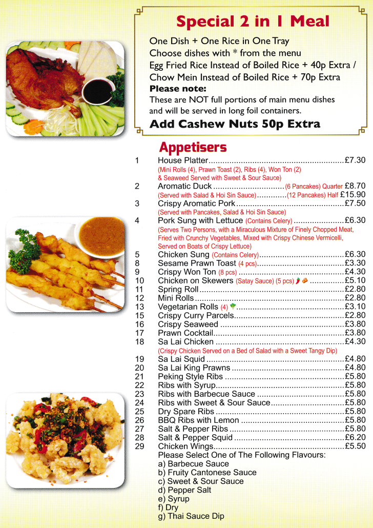 Menu for Diamond City Chinese takeaway (Aromatic Duck, Chicken Sung, Sa Lai Squid, Ribs in Syrup, Spring Roll, Chicken on Skewers..)