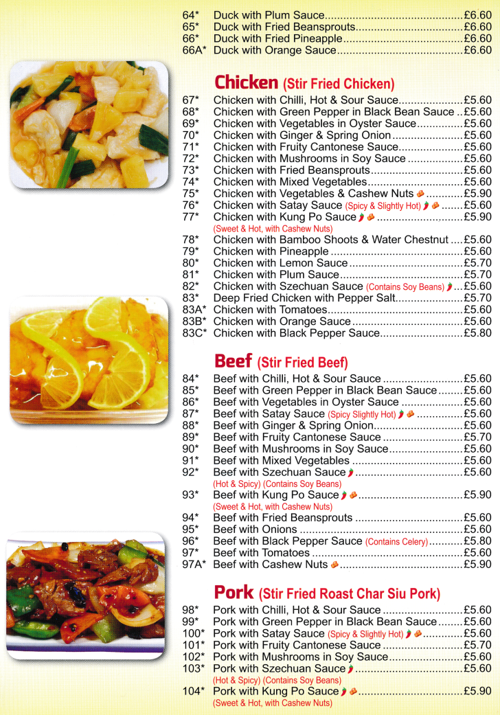 o Sauce, Chicken with Chilli, Hot & Sour Sauce, Beef with Szechuan Sauce..)