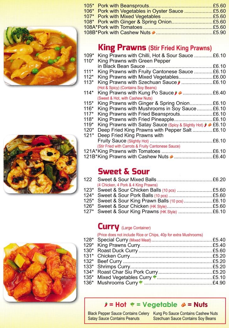 Menu for Diamond City Chinese takeaway (Pork with Satay Sauce, King Prawns with Green Pepper in Black Bean Sauce, Sweet & Sour Chicken Balls..)