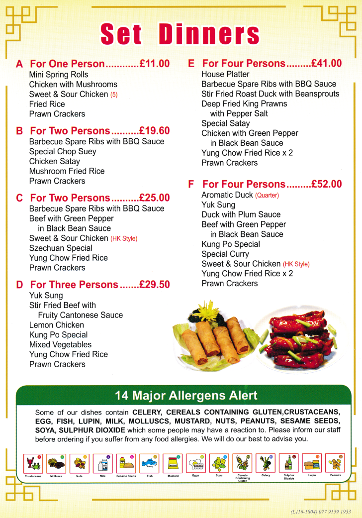 Menu for Diamond City Chinese food takeaway in Alfreton