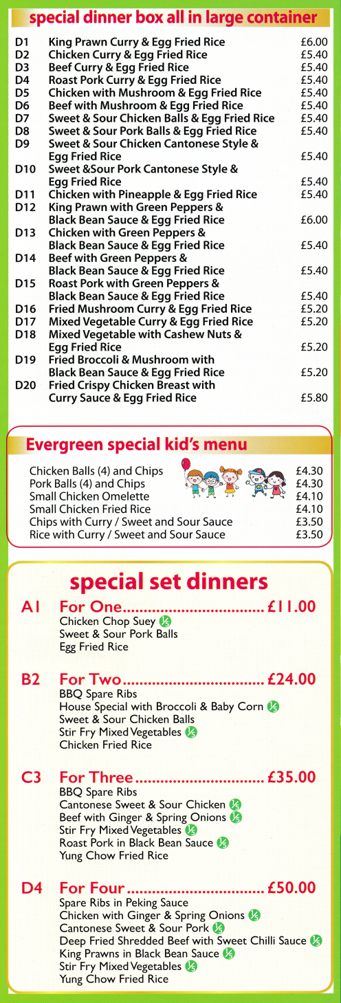 Menu for Evergreen - Special dinner boxes, special set meals - Chinese food takeaway in Beeston