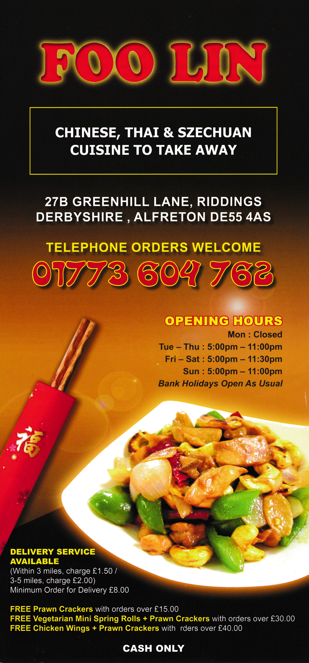 Menu for Foo Lin Takeaway menu for Foo Lin on Greenhill Lane in Riddings near Alfreton, Derbyshire DE55 4AS