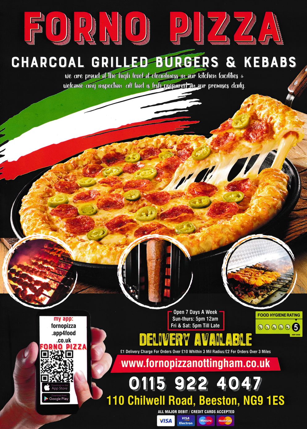 Takeaway and delivery menu for Forno Pizza in Beeston near Nottingham. Pizzas, charcoal grill kebab and burgers, wraps, sides and more.