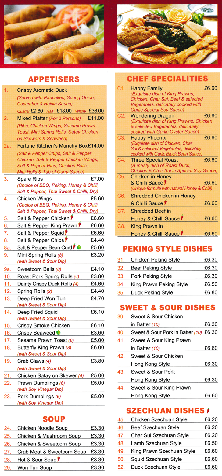 Menu for Fortune Kitchen Chinese takeaway in Stapleford - dishes include; Crispy Aromatic Duck, Deep Fried Squid, Chicken Satay on Skewer, Sweet & Sour Pork in Batter, Chicken Szechuan Style, Wondering Dragon, Happy Family..