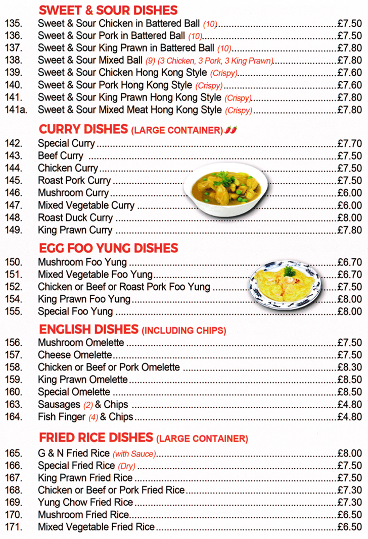 Menu for G&N's Kitchen Menu for G&N's Kitchen - Sweet & Sour Pork inb Battered Balls, Mushroom Omelette, Beef Curry, King Prawn Foo Yung, Sweet & Sour Chicken Hong Kong Style..