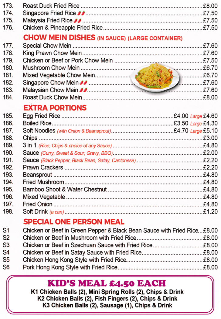 Menu for G&N's Kitchen Menu for G&N's Kitchen - Chicken Chow Mein, Singapore Fried Rice, Malaysian Chow Mein, Special One Person Meals..