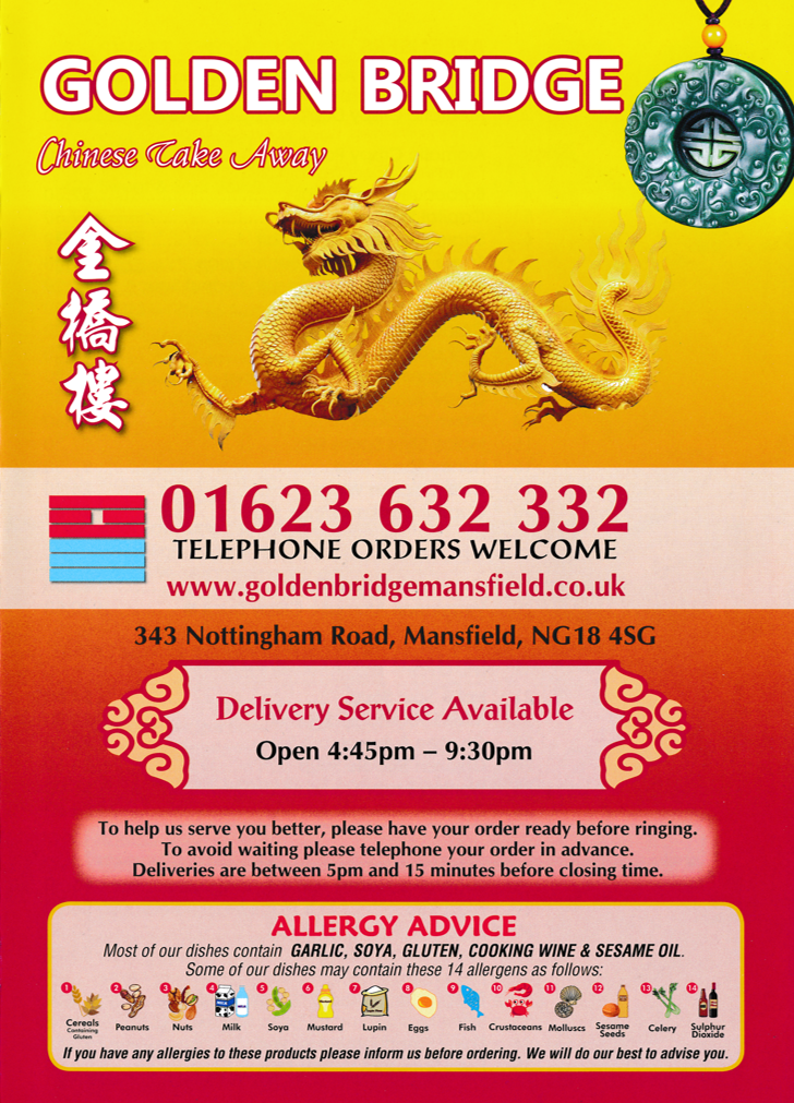 Menu for Golden Bridge Chinese takeaway on Nottingham Road in Mansfield