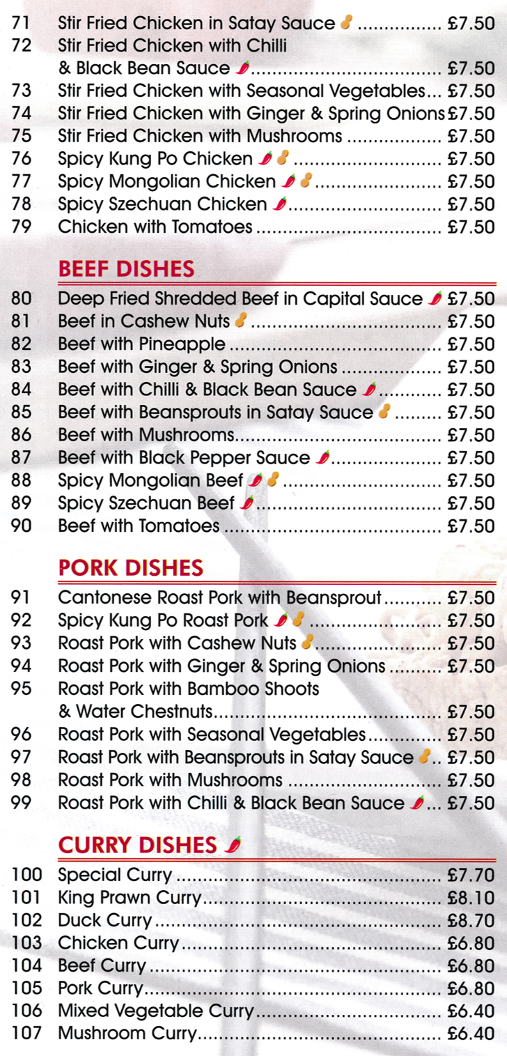 Menu for Golden Bridge Chinese takeaway in Mansfield - dishes include; Beef with Pineapple, Duck Curry, Spicy Szechuan Chicken, Roast Pork with Cashew Nuts..