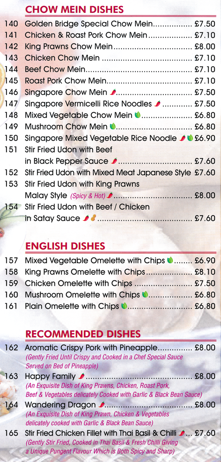 Menu for Golden Bridge Chinese takeaway in Mansfield - dishes include; Happy Family, Wwandering Dragon, Chicken Chow Mein, Aromatic Crispy Pork with Pineapple..