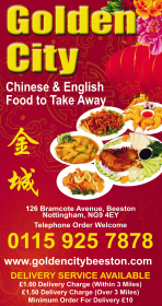 Menu for Golden City Chinese takeaway on Bramcote Avenue in Chilwell near Beeston, Nottingham NG9 4EY