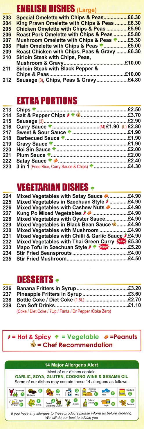 Menu for Golden City - English Dishes, Vegetarian Dishes, Desserts - Chinese food takeaway in Chilwell near Nottingham