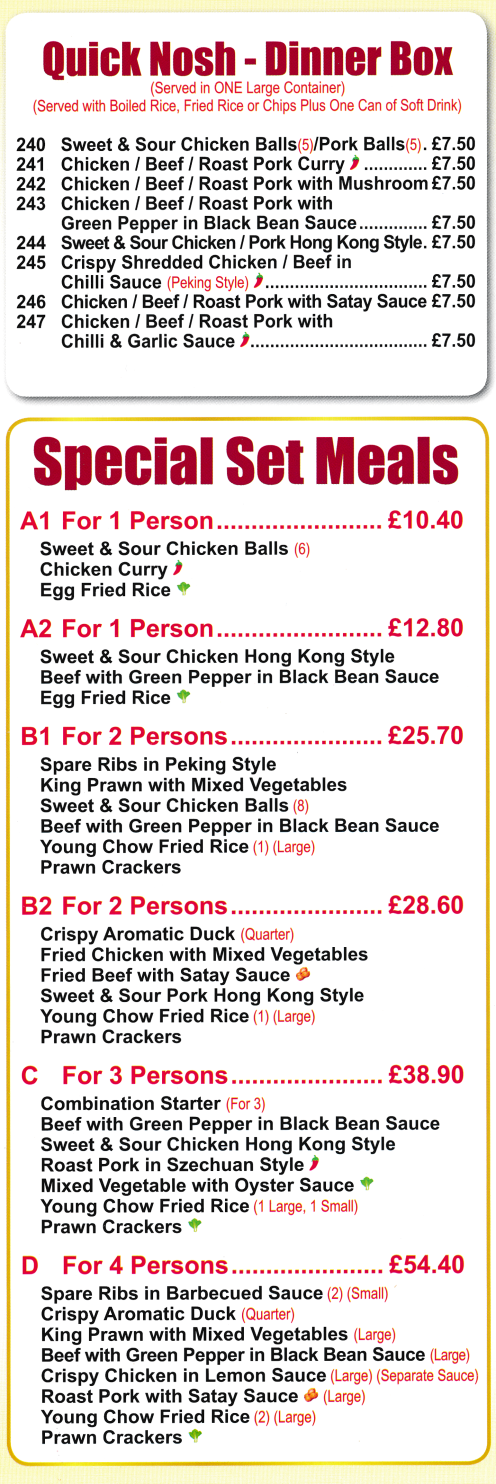 Menu for Golden City - Special Set Dinners, Dinner Boxes - Chinese food takeaway and delivery.
