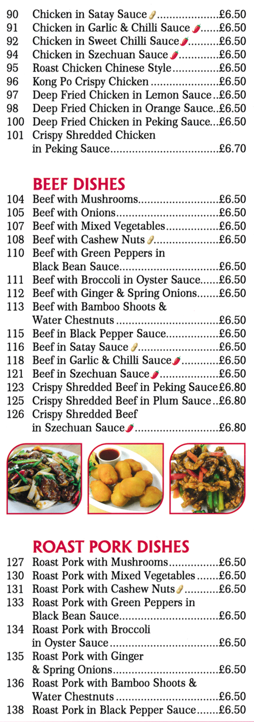 Menu for Golden Dragon Menu for Golden Dragon Chinese takeaway in Mansfield - dishes include; Chicken in Satay Sauce, Crispy Shredded Beef in Plum Sauce, Roast Pork with Ginger & Spring Onions, Kung Po Crispy Chicken, Beef in Szechuan Sauce, Deep Fried Chicken in Lemon Sauce..