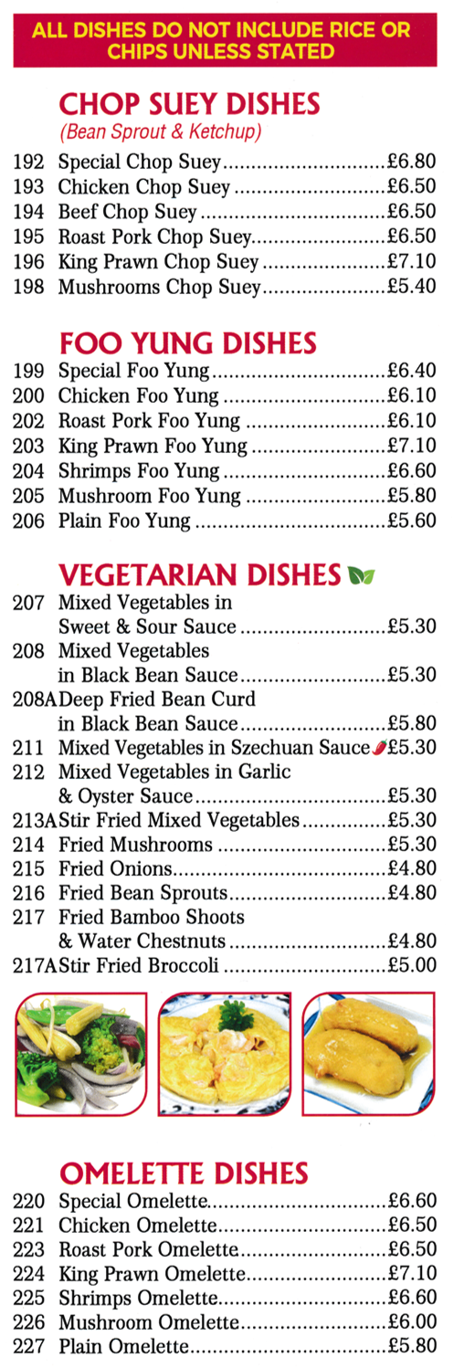 Menu for Golden Dragon Menu for Golden Dragon Chinese takeaway in Mansfield - dishes include; Shrimp Foo Yung, Beef Chop Suey, Chicken Omelette, Deep Fried Bean Curd in Black Bean Sauce, Mixed Vegetables in Garlic & Oyster Sauce, Speical Chop Suey..