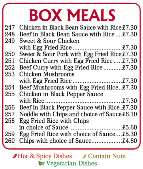 Menu for Golden Dragon Menu for Golden Dragon Chinese takeaway at Ling Forest Court in Mansfield - Box Meals