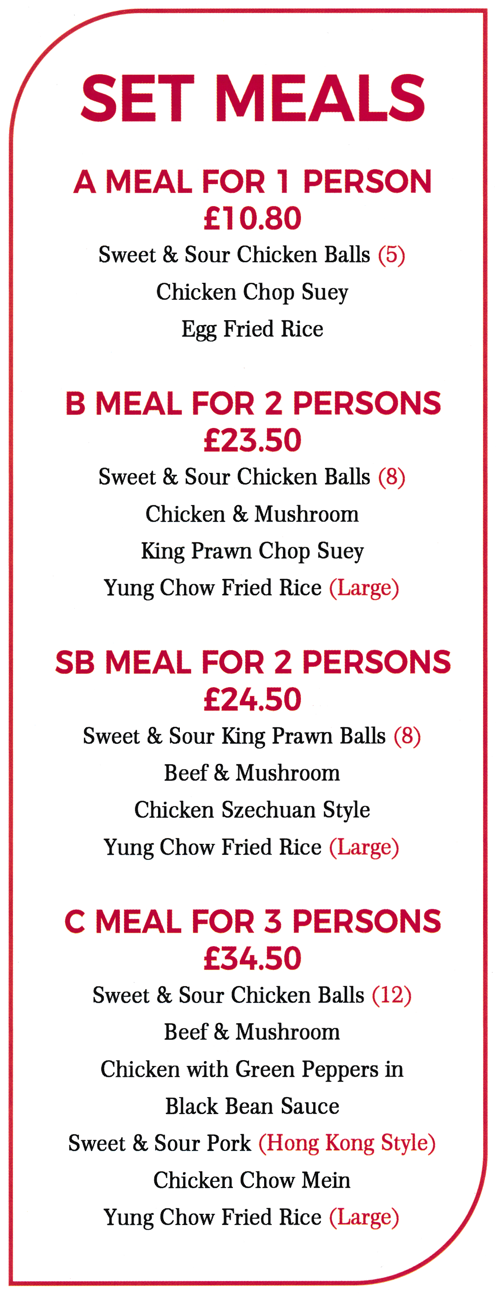Menu for Golden Dragon Menu for Golden Dragon Chinese takeaway at Ling Forest Court in Mansfield - Set Meals