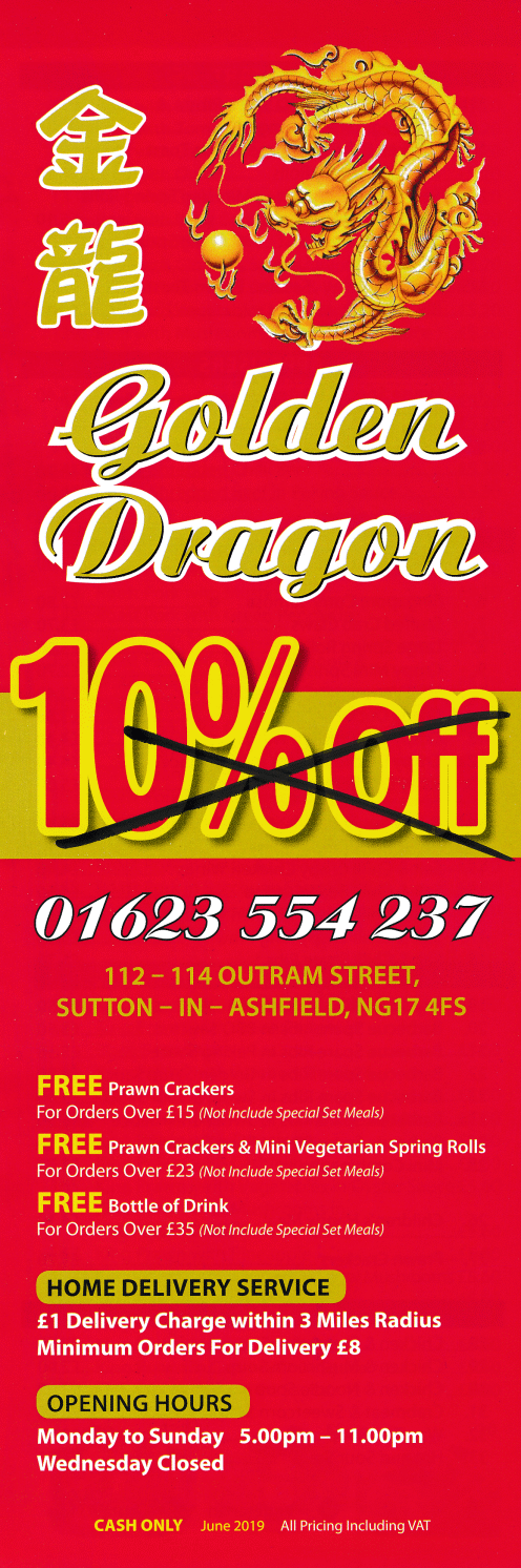 Takeaway and delivery menu for Golden Dragon on Outram Street in Sutton-In-Ashfield NG17 4FS