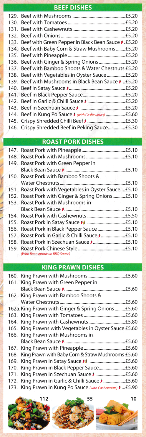 Menu for Golden Dragon - Beef Dishes, Roast Pork Dishes, King Prawn Dishes..