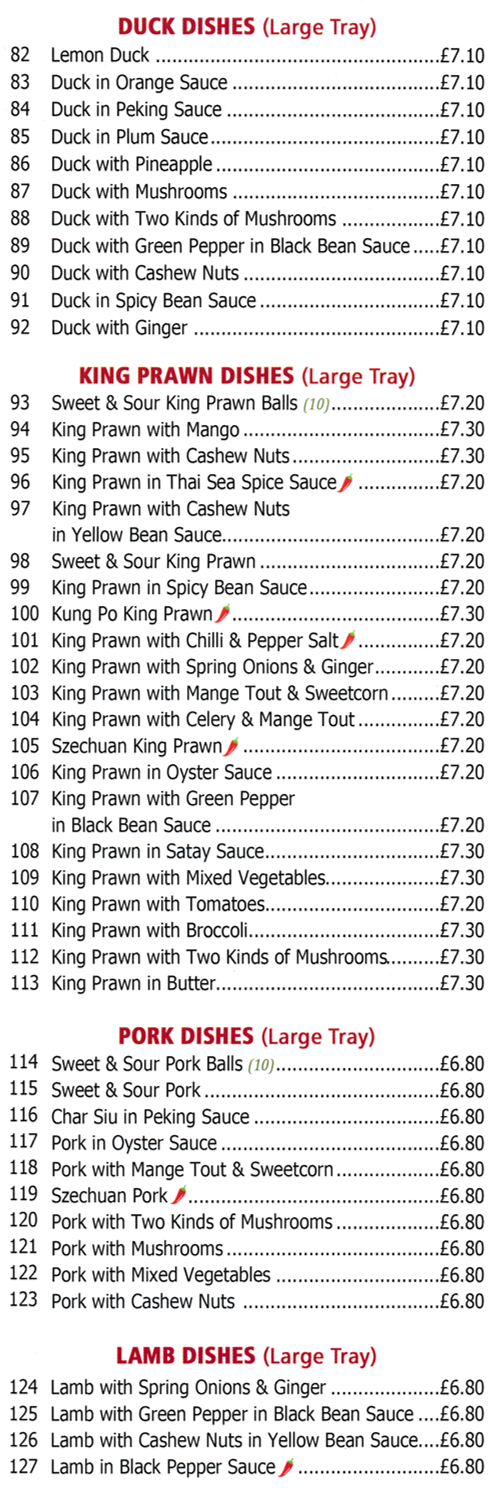 Menu for Golden Hill Chinese food takeaway in Pleasley - dishes include; Lemon Duck, Kung Po King Prawns, Pork with Cashew Nuts, Lamb in Black Pepper Sauce..
