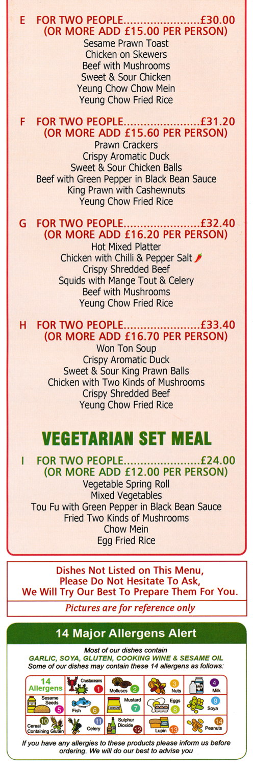 Menu for Golden Hill Menu for Golden Hill Chinese food takeaway and delivery in Pleasley near Mansfield - Set Meals