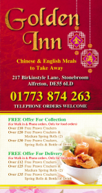 Menu for Golden Inn Chinese takeaway on Birkinstyle Lane in Stonebroom near Alfreton DE55 6LD