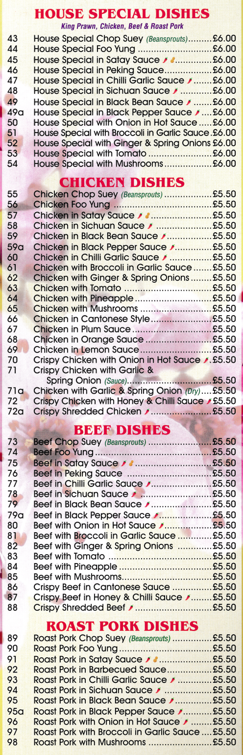 Menu for Golden Inn - Chicken Chop Suey, Beef in Satay Sauce, Crispy Beef in Cantonese Style, Roast Pork Foo Yung..