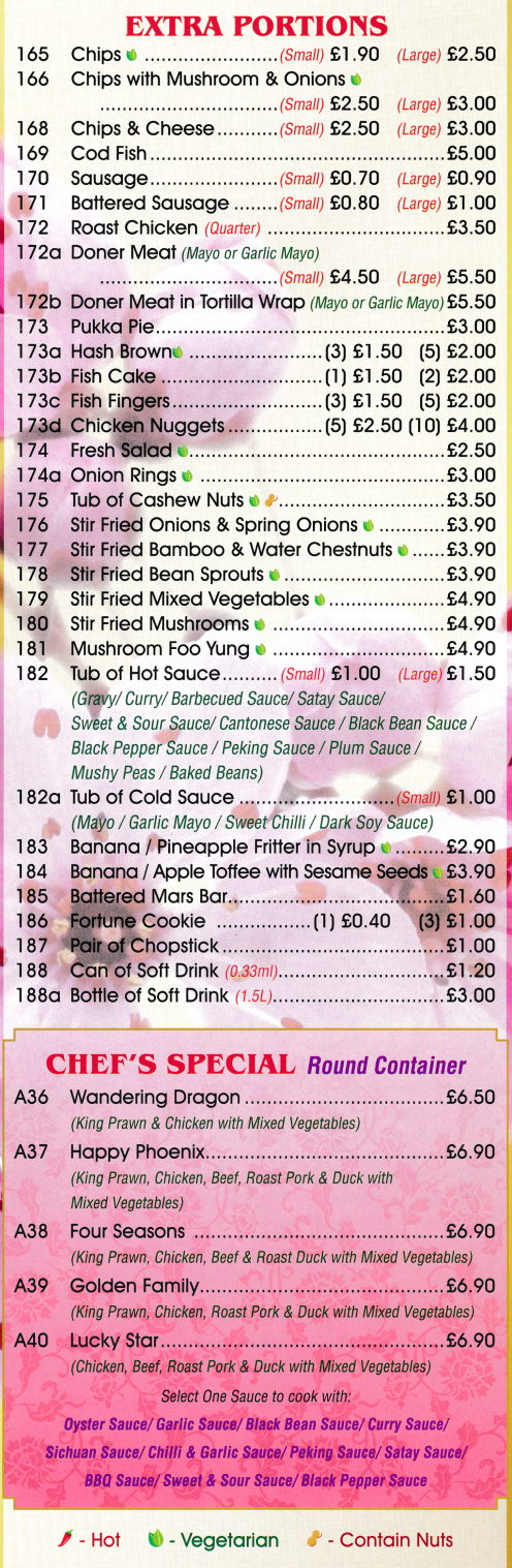 Menu for Golden Inn - Wandering Dragon, Happy Phoenix, Four Seasons, Golden Family, Lucky Star..