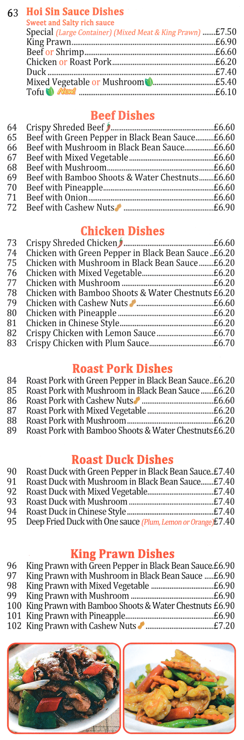 Menu for Golden Lantern in Heanor - Dishes include; King Prawn in Hoi Sin Sauce, Roast Pork with Green Pepper in Black Bean Sauce, Roast Duck in Chinese Style, Beef with Cashew Nuts..