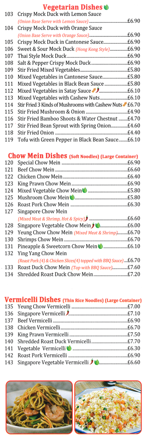 Menu for Golden Lantern Chinese takeaway in Heanor - Dishes include; Thai Style Mock Duck, Chicken Chow Mein, Singapore Vermicelli, Ying Yang Chow Mein..