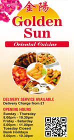 Scroll down for the full menu.. Menu for Golden Sun Chinese and Oriental cuisine takeaway in Heanor, Derbyshire DE75 7QJ