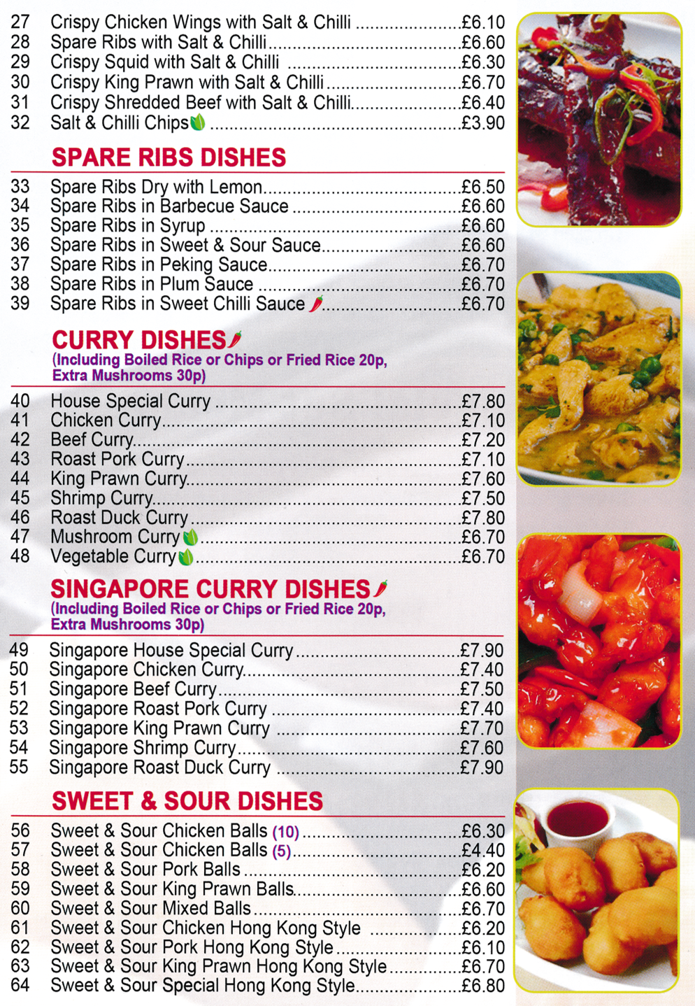 Menu for Good Earth Chinese takeaway in Mansfield - dishes include; Singapore King Prawn Curry, Spare Ribs in Plum Sauce, Sweet & Sour Pork Balls..