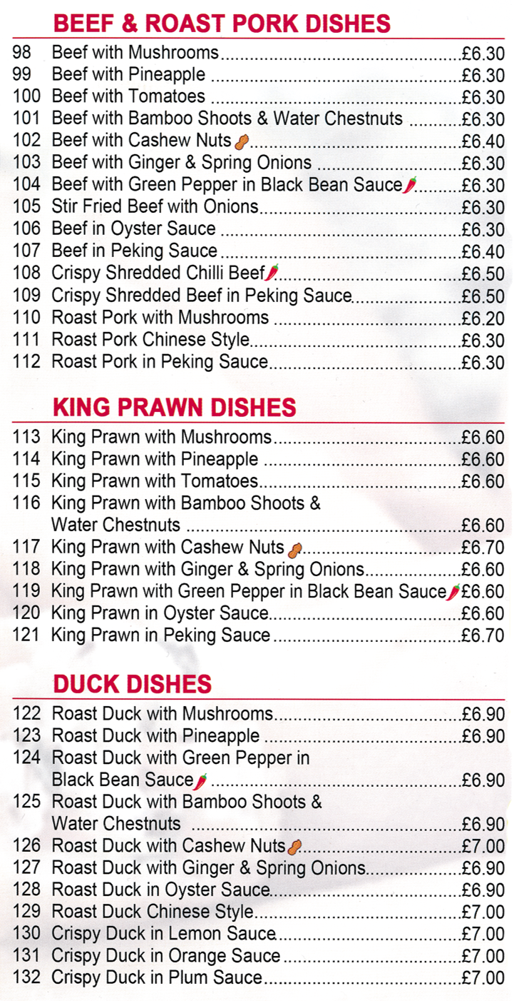 Menu for Good Earth Chinese takeaway in Mansfield - dishes include; Roast Pork Chinese Style, Beef in Peking Sauce, King Prawns in Oyster Sauce, Roast Duck in Orange Sauce..