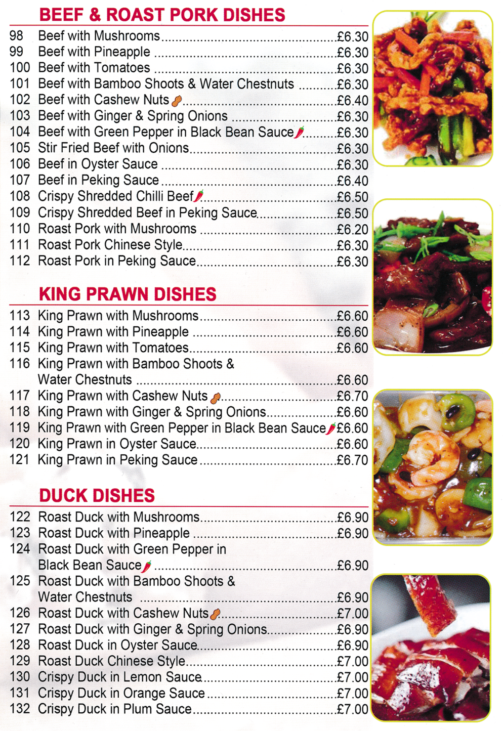 Menu for Good Earth Chinese takeaway in Mansfield - dishes include; Roast Pork Chinese Style, Beef in Peking Sauce, King Prawns in Oyster Sauce, Roast Duck in Orange Sauce..