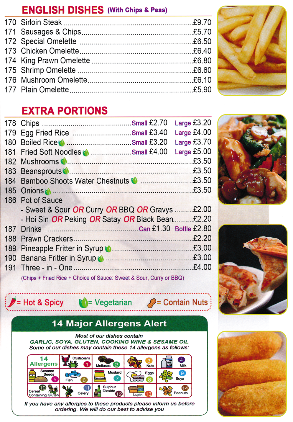 Menu for Good Earth Chinese takeaway in Mansfield - dishes include; Banana Fritter in Syrup, Sirloin Steak, King Prawn Omelette..