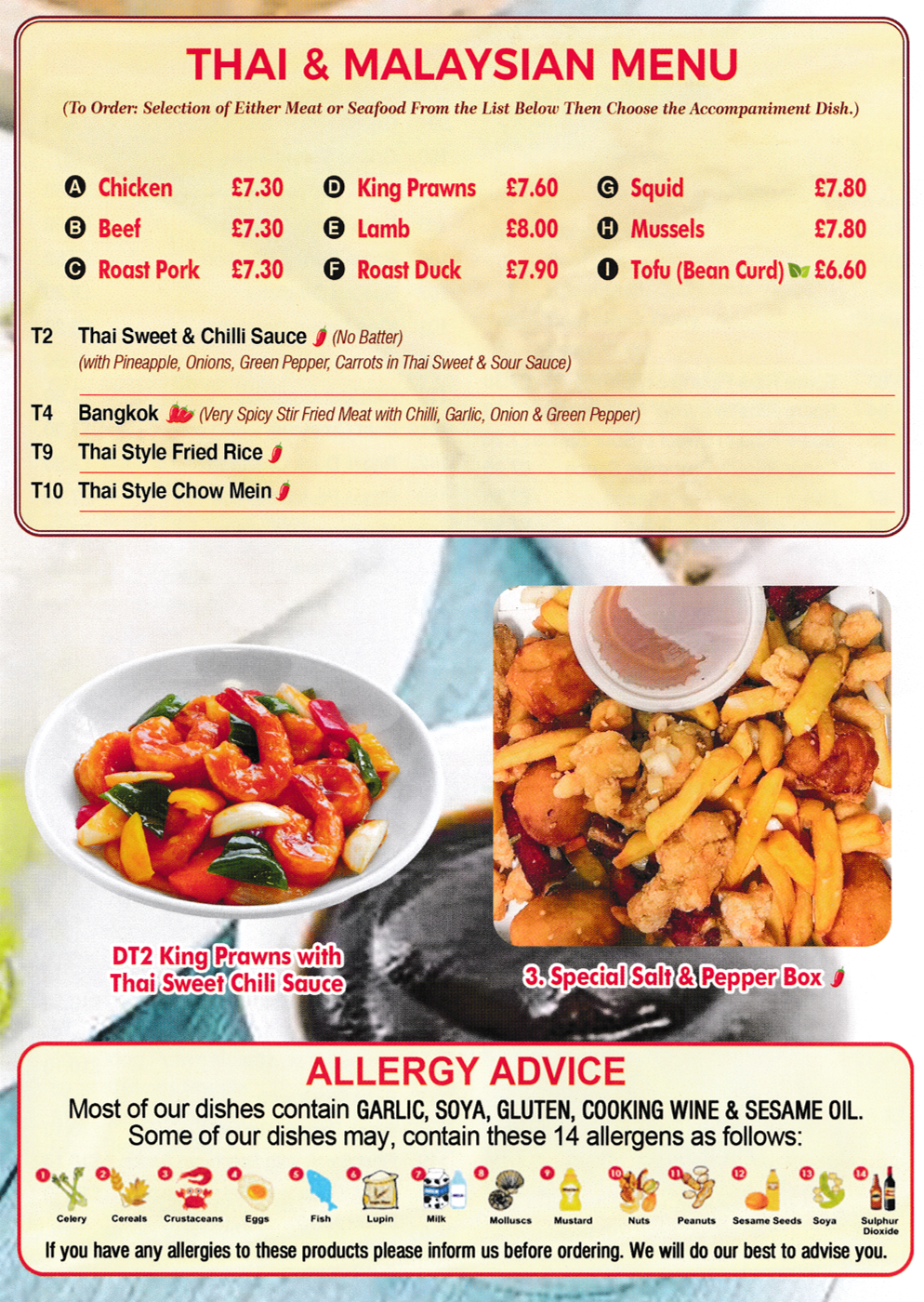 Menu for Good Luck Chinese takeaway in Draycott - dishes include; Thai & Malaysian dishes