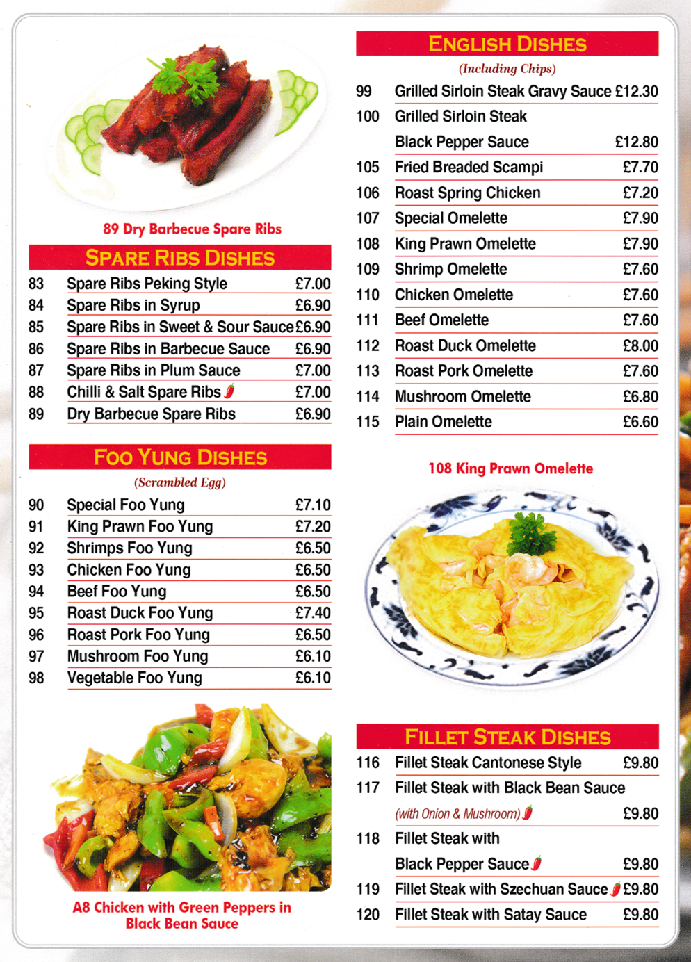 Menu for Good Luck Chinese takeaway in Draycott - dishes include; Spare Ribs Peking Style, King Prawn Foo Yung, Roast Spring Chicken, Fillet Steak Dishes..