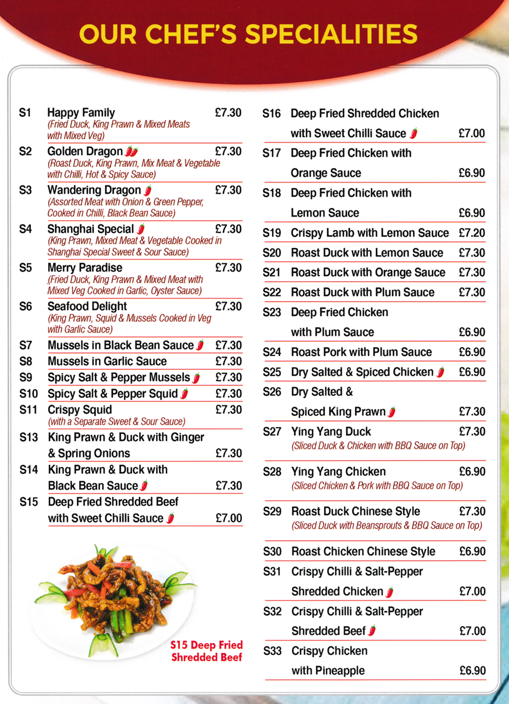 Menu for Good Luck Chinese takeaway in Draycott - dishes include; Ying Yang Duck, Roast Duck with Orange Sauce, Crispy Lamb with Lemon Sauce, Merry Paradise, Wandering Dragon, Seafood Delight, Shanghai Special..